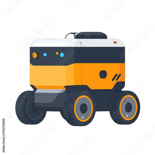 Pixelated Orange and Dark Gray Delivery Robot on Wheels Isolated on White Background