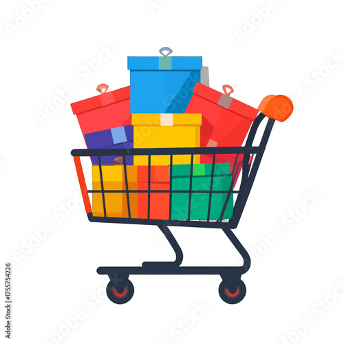 Shopping Cart Full of Colorful Gift Boxes on a White Background Illustration