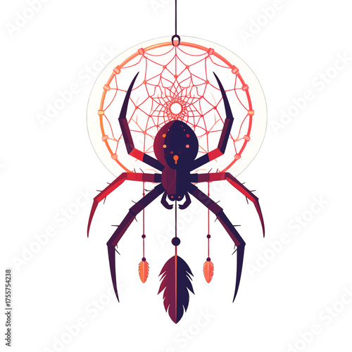 Intricate Pixel Art of Spider on Dreamcatcher with Feathers Against White Background Digital Artwork with Reddish Orange Hues and Detailed Web Design