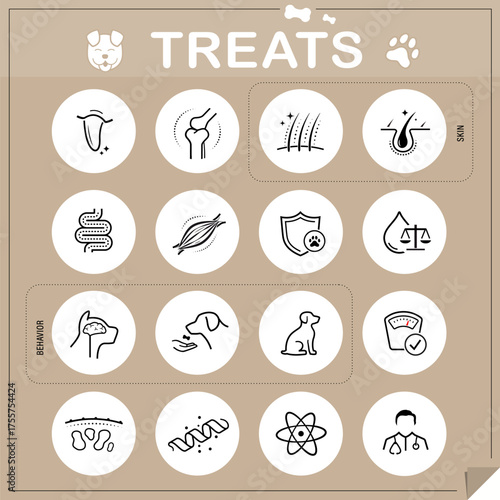 Icon sheet of pet treats. The outline icons are well scalable and editable. Contrasting elements are good for icons, signs, different backgrounds and displays. EPS10.