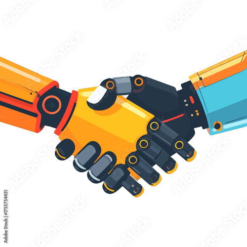 Pixelated Handshake Between Orange and Blue Robotic Arms on a White Background