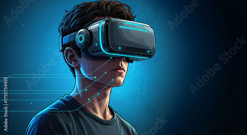 Young man wearing virtual reality headset engages with immersive technology, surrounded by futuristic digital graphics, data visualizations, and geometric shapes, symbolizing online education