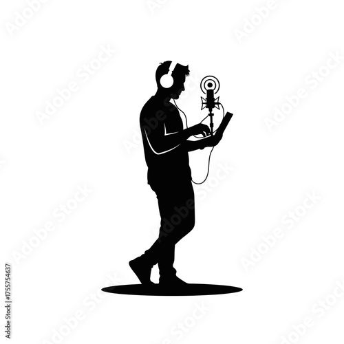 Dynamic podcaster recording audio with headphones and tablet in a modern studio, capturing creative content for global audiences.