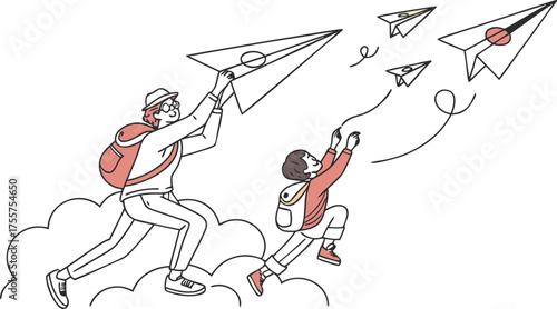 A father and child joyfully launch paper airplanes into the sky, symbolizing dreams and aspirations taking flight.