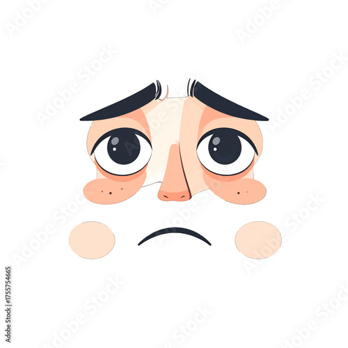 Cartoon Face with Worried Expression on White Background Featuring Drooping Eyebrows and Round Cheeks in Vector Style Graphic Illustration