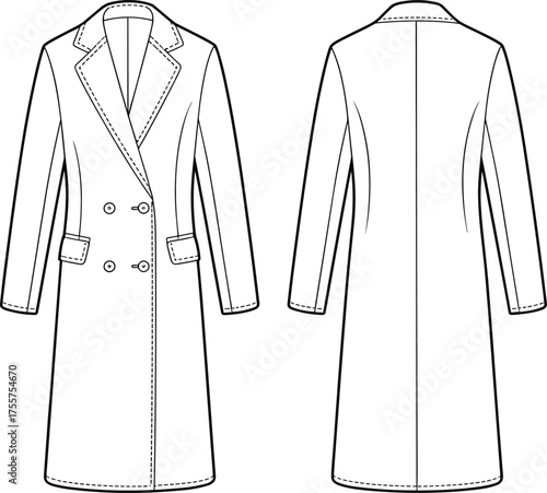 Long tailored coat fashion CAD, double breasted technical flat sketch, vector illustration, front and back view, apparel design template, garment construction drawing