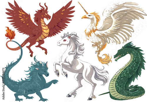 A vibrant collection of mythical creatures including a fiery dragon, a majestic white unicorn, a winged griffin, and a serpentine sea monster.