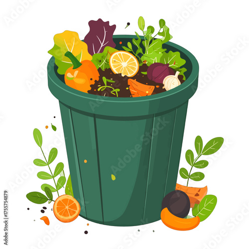 Green Compost Bin Overflowing with Colorful Food Scraps and Leaves on White Background