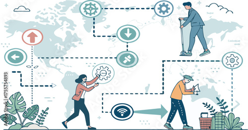 Global network of interconnected individuals collaborating and managing digital processes, symbolized by gears, arrows, and a world map backdrop.