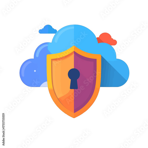 Cloud Data Protection with Orange Shield and Keyhole Icon against Light Blue Clouds Flat Design Illustration for Digital Security Concept