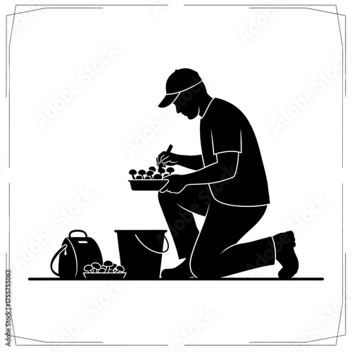 Dedicated farmer meticulously harvesting fresh mushrooms in a natural setting, symbolizing growth and abundance.