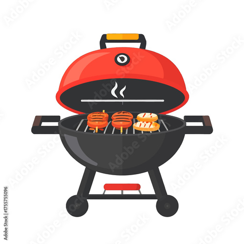 Pixel Art Bbq Grill with Red Lid and Steaming Grilled Food on Isolated White Background for Retro Game or Graphic Design