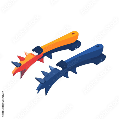Isometric Orange and Blue Peeler Set with Spiked Edges on White Surface in Studio Lighting