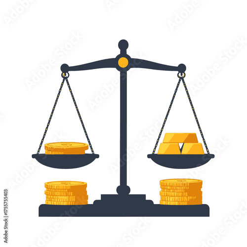 Golden Coin and Ingot Balance Scale Graphic with Dark Background