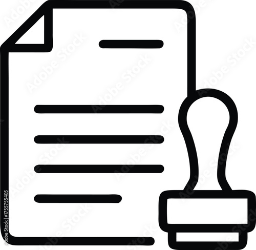 An abstract line art illustration of a document with lines of text and a rubber stamp positioned to the right, signifying approval or officialization.