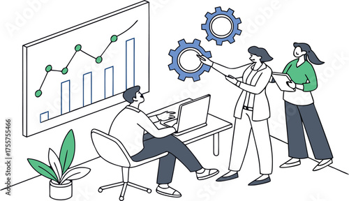Business team collaborating on a project, analyzing growth charts and manipulating gears to represent teamwork and progress.