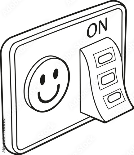 A light switch with a smiley face symbol, indicating the "ON" position, suggesting happiness or positive activation.