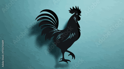 Black rooster silhouette walks right on textured teal background, casting shadow