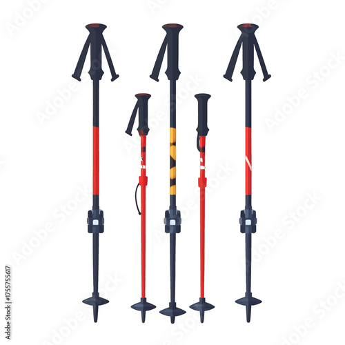Isolated Pixelated Ski Poles Set with Red Accents and Dark Grips Against a White Background for Winter Sports Equipment