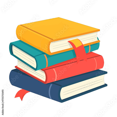 Stack of Four Colorful Books with Bookmarks Isolated on White Background