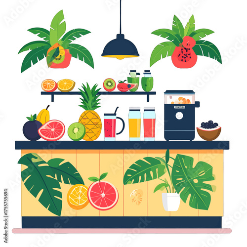 Vibrant Fruit Smoothie Bar with Juicer Pineapple and Assorted Fruits in Pixel Art Style for Fresh Healthy Beverages