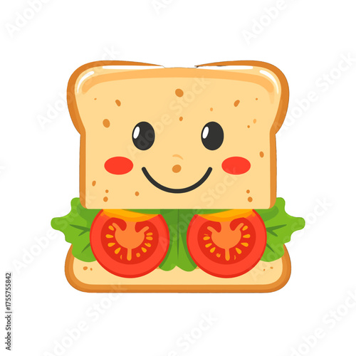 Cute Cartoon Sandwich with Smiling Face Tomatoes and Lettuce on White Background