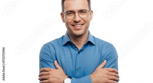 Smiling man with glasses and blue shirt arms crossed confident professional