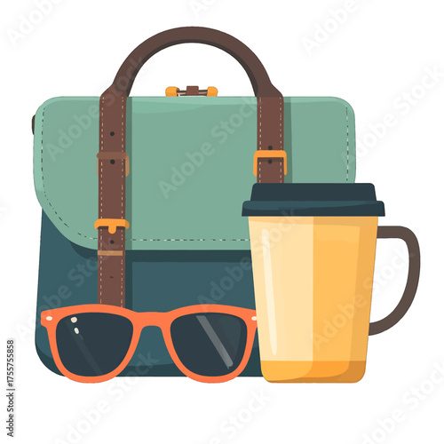 Light Blue Satchel Beside Yellow Cup with Orange Glasses and Straps in Flat Lay Style
