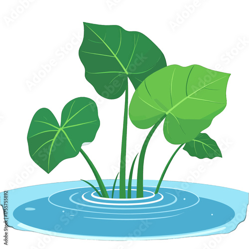 Vibrant Green Leaves in a Small Blue Pond Graphic Illustration