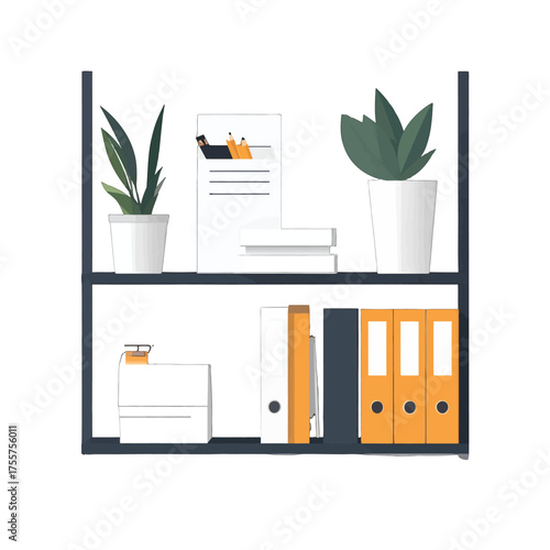 Isolated Two Tier Shelving Unit with Green Plants and Office Supplies on White Background