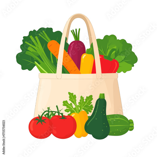 Canvas Tote Bag Filled with Colorful Fresh Vegetables and Greens on White Background