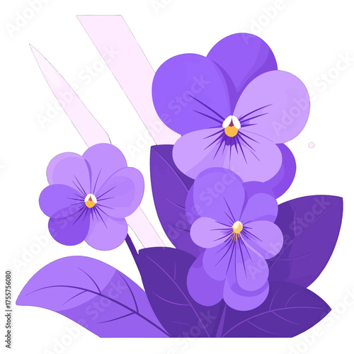 Purple Pansy Flowers and Leaves with Light Rays on White Background in a Flat Vector Illustration Style