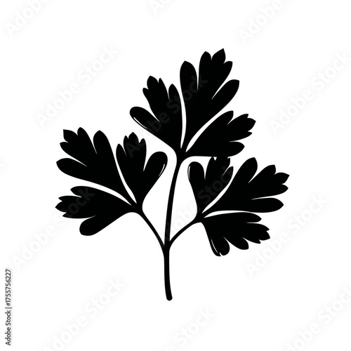 Black silhouette of a parsley sprig with three delicate, lobed leaves