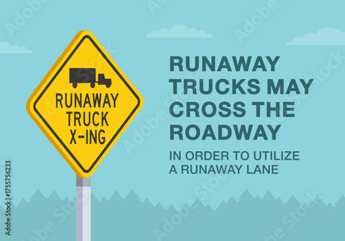 Safe driving tips and traffic regulation rules. Close-up of canadian "runaway truck crossing" sign meaning. Trucks may cross the roadway. Flat vector illustration template.