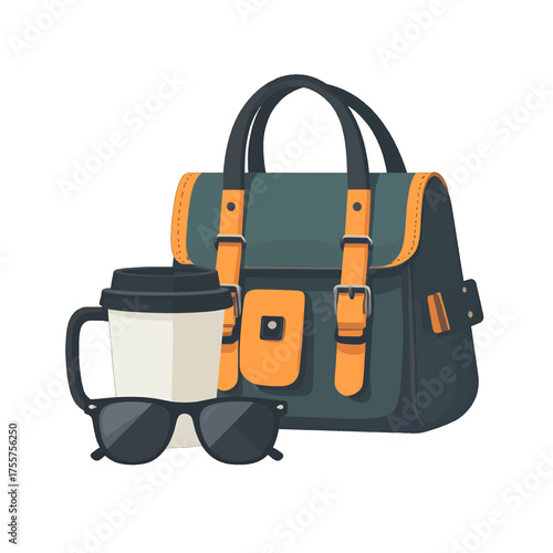 Dark Teal Satchel with Orange Accents and Gray Coffee Cup and Sunglasses Flat Design on White Background
