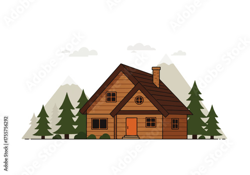 Illustration of a cozy wooden cabin with a brown roof, nestled among green pine trees and with mountains in the background.
