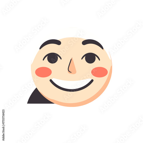 Smiling Face Cartoon with Rosy Cheeks and Black Hair on White Background Emotive Expression Fun Character Optimistic Visual Element Graphic