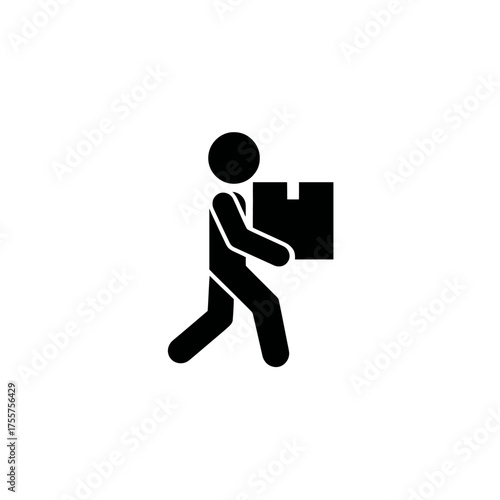 Black stick figure walking while carrying a square box