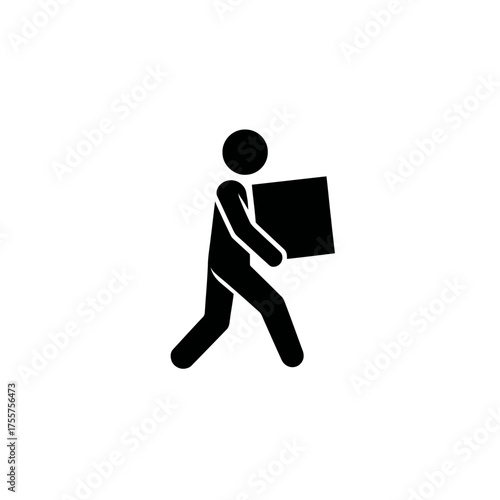 Stylized black figure carrying a square package while walking