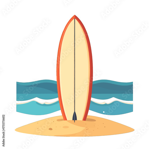 Isolated Surfboard Standing on Sandy Beach with Blue Waves Under Clear Sky Sunny Day