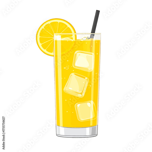 Refreshing Yellow Drink with Ice Cubes and Lemon Slice on White Background