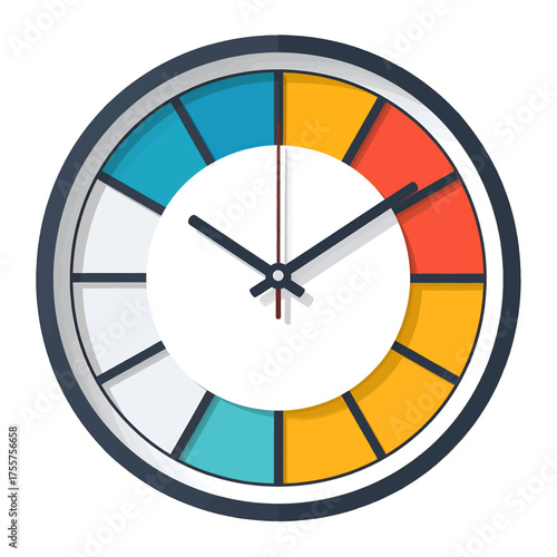 Round Clock with Colored Segments and Black Hands in Neutral Background