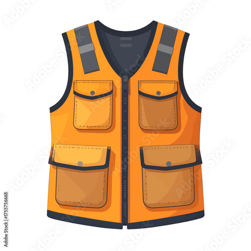 Isolated Orange High Visibility Safety Vest with Pockets and Gray Straps on White Background
