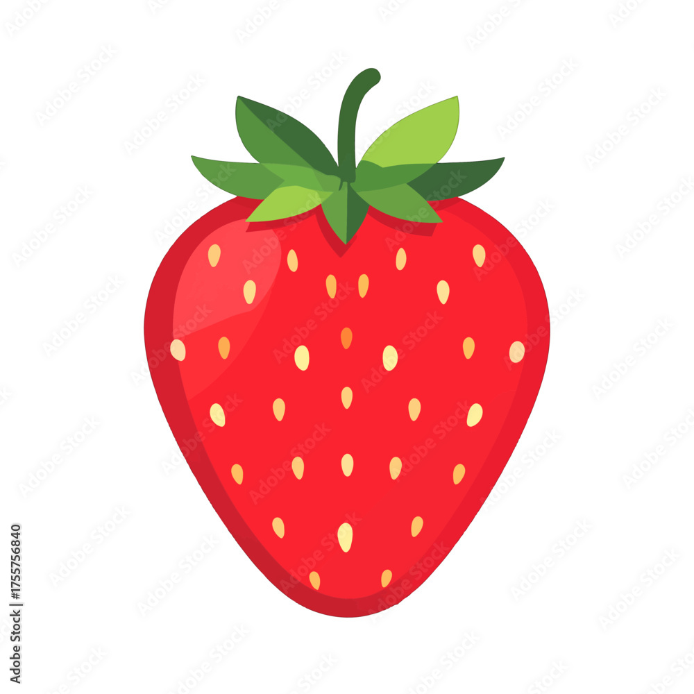 Obraz premium Isolated Red Strawberry with Green Leaves and White Seeds on White Background Food Photography Fruit Close Up Bright Light Illustration Isolated