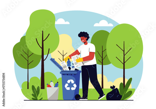 A man wearing gloves is recycling paper into a blue bin with a recycle symbol in a park setting with trees and a clear sky.