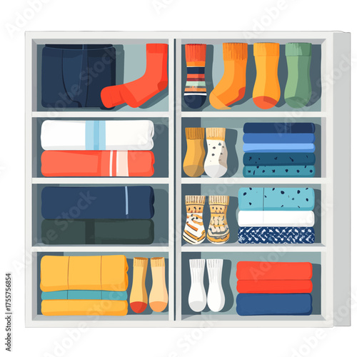 Arranged Clothing and Linens in a White Cupboard Illustration Style