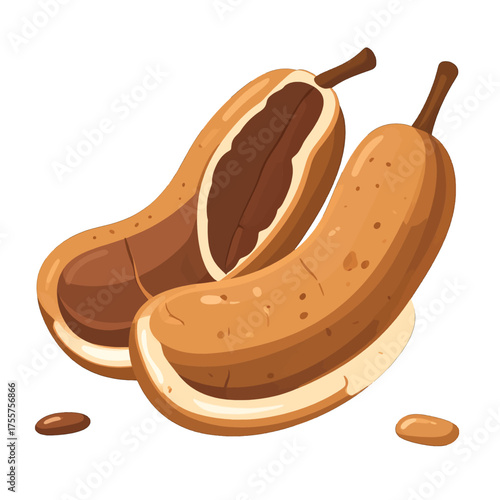 Detailed Digital Art of Two Brown Tamarind Pods One Halved on White Background