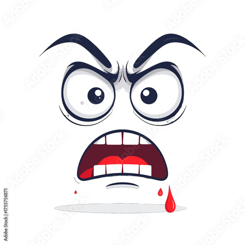 Aggravated White Cartoon Face with Wide Eyes and Sharp Teeth Featuring Red Droplets in a Clean Style Graphic