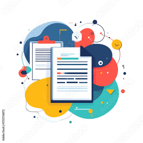 Abstract Documents with Colorful Shapes and Dots on White Background