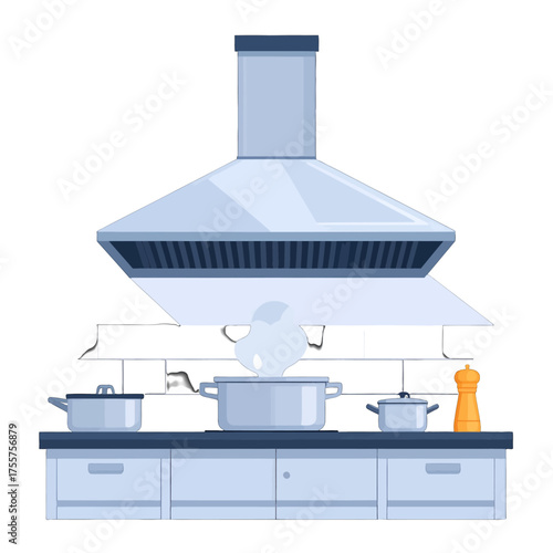 Stylized Kitchen Interior with Cooking Pots and Hood Vent in Light Blue and White Tones Minimalist Kitchenware Illustration